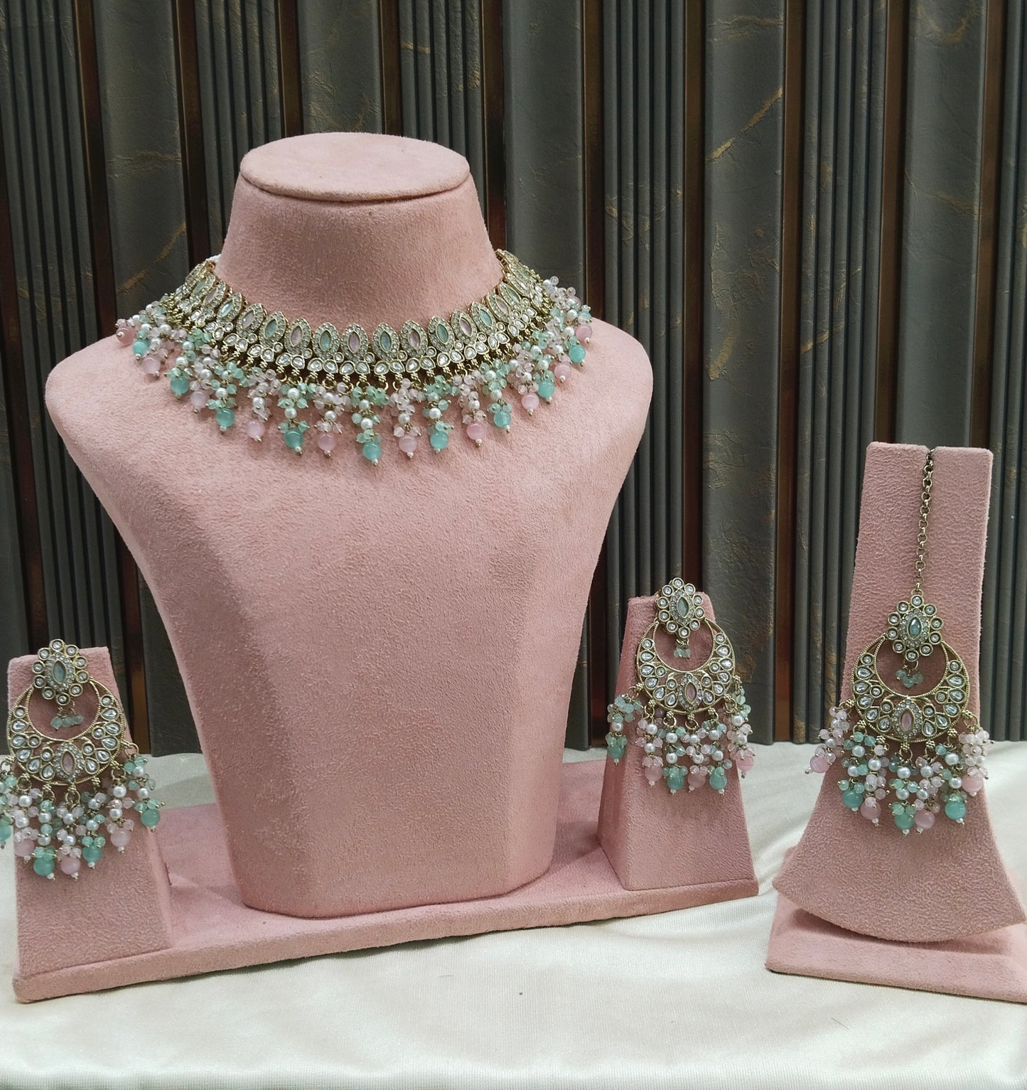 Antique Moissanite Mint Pink Kundan Necklace Jewellery Muna Set