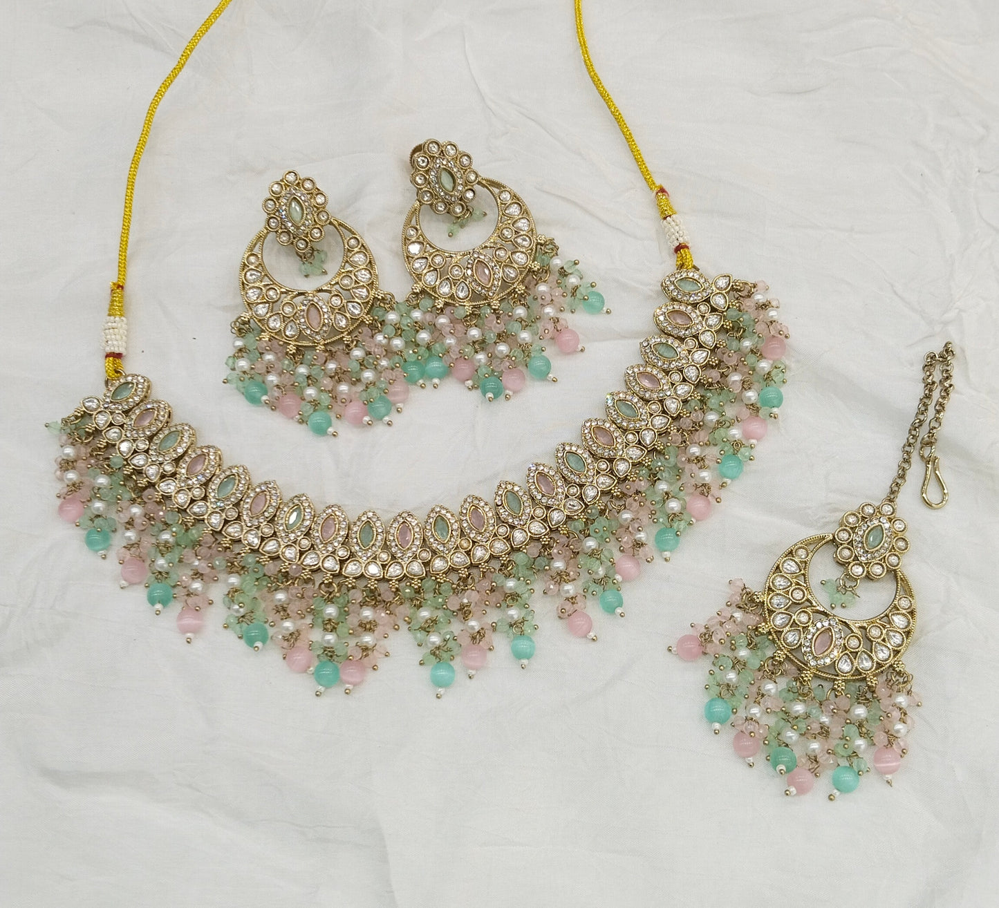 Antique Moissanite Mint Pink Kundan Necklace Jewellery Muna Set