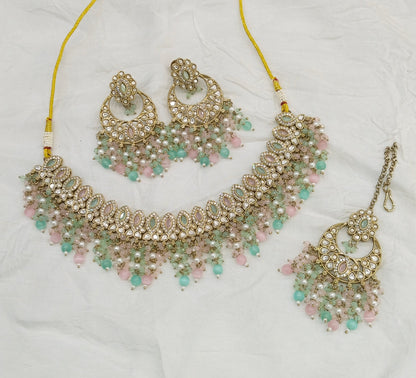 Antique Moissanite Mint Pink Kundan Necklace Jewellery Muna Set