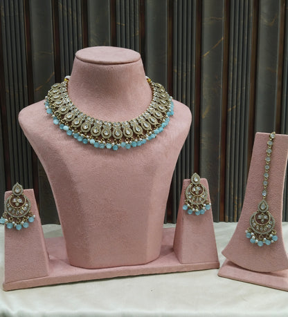 Antique Moissanite Sky Blue Kundan Necklace Jewellery Mou Set