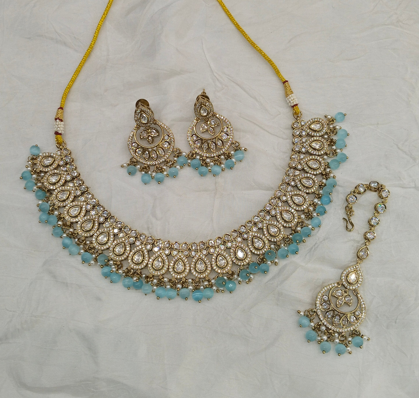 Antique Moissanite Sky Blue Kundan Necklace Jewellery Mou Set