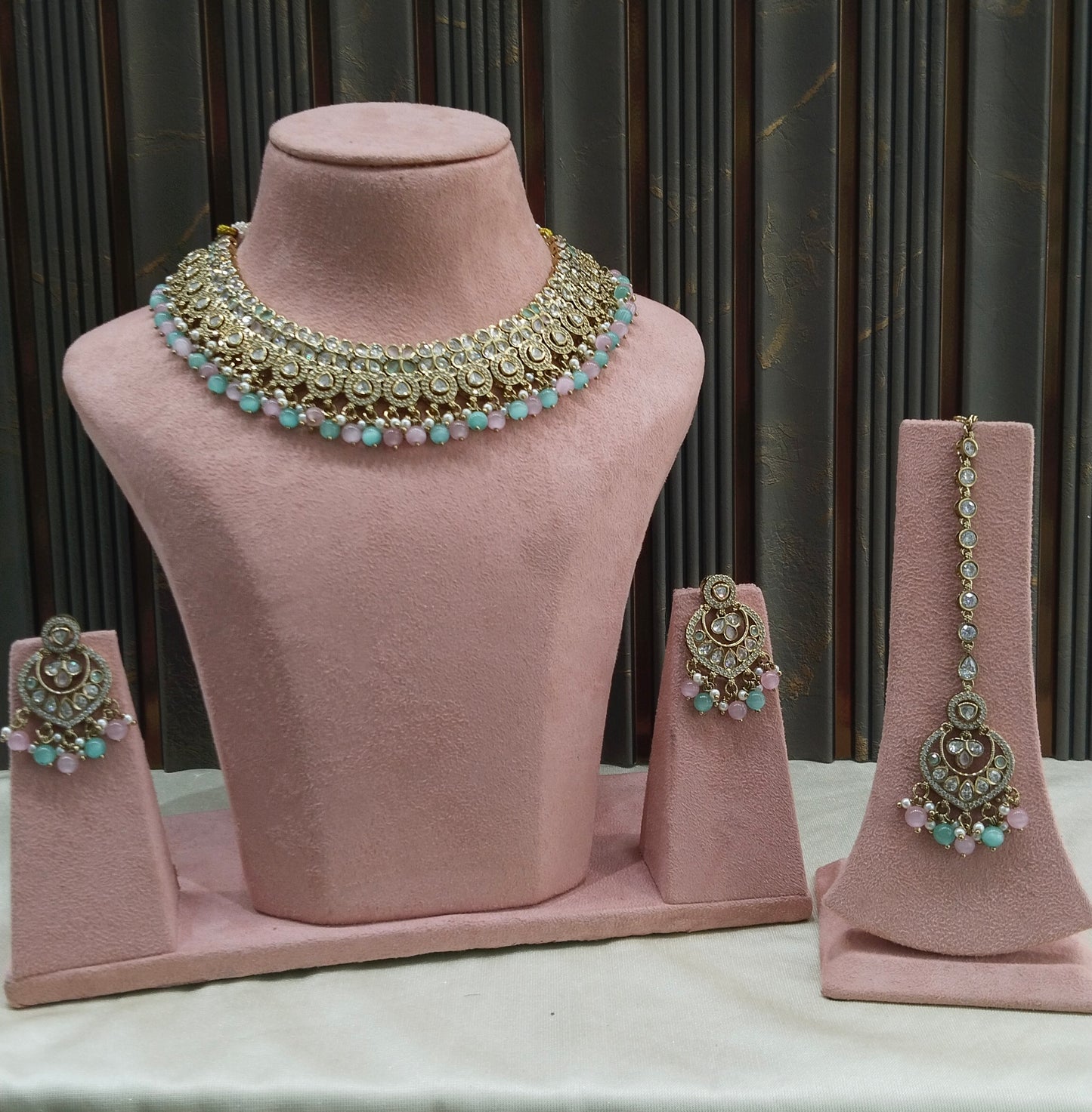 Antique Moissanite Mint Pink Kundan Necklace Jewellery Miral Set