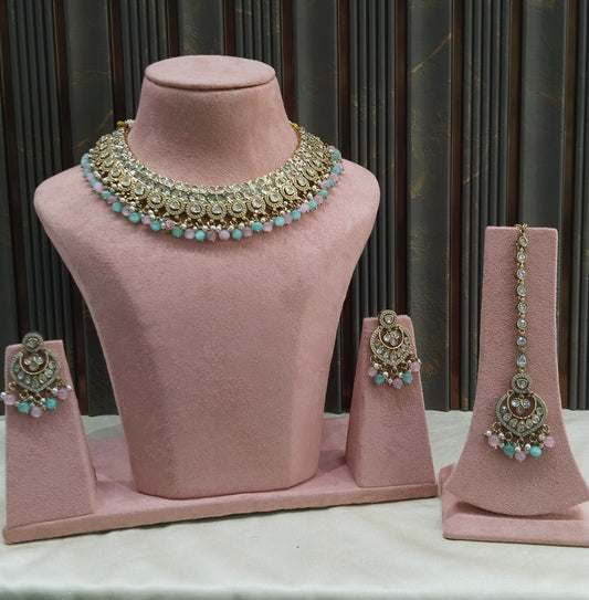 Antique Moissanite Mint Pink Kundan Necklace Jewellery Miral Set