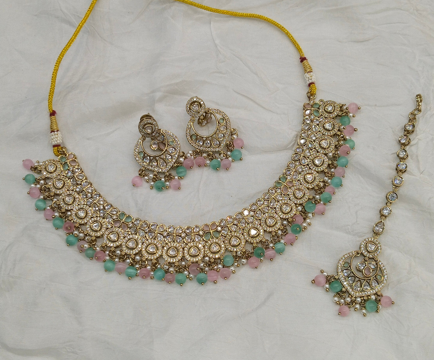 Antique Moissanite Mint Pink Kundan Necklace Jewellery Miral Set