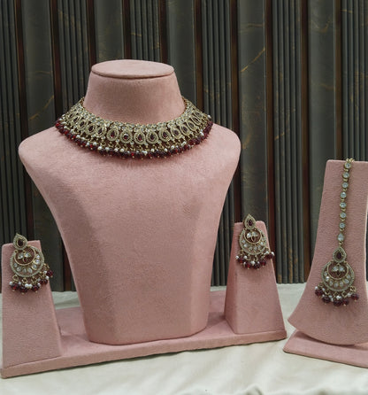 Antique Moissanite Maroon Kundan Necklace Jewellery Minno Set