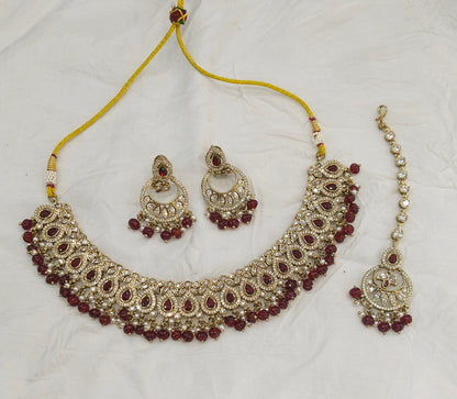 Antique Moissanite Maroon Kundan Necklace Jewellery Minno Set