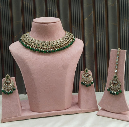 Antique Moissanite Green Kundan Necklace Jewellery Minno Set