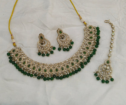 Antique Moissanite Green Kundan Necklace Jewellery Minno Set