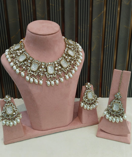 Antique Gold White Kundan Necklace Rony sets