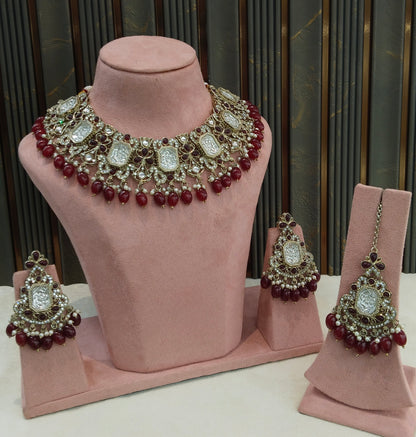 Antique Gold Maroon Kundan Necklace Rony sets