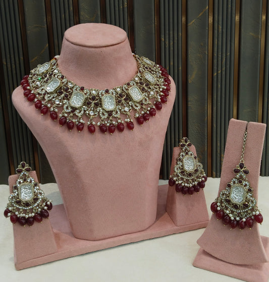 Antique Gold Maroon Kundan Necklace Rony sets