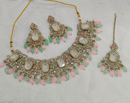 Antique Gold Mint Pink Kundan Necklace Rony sets