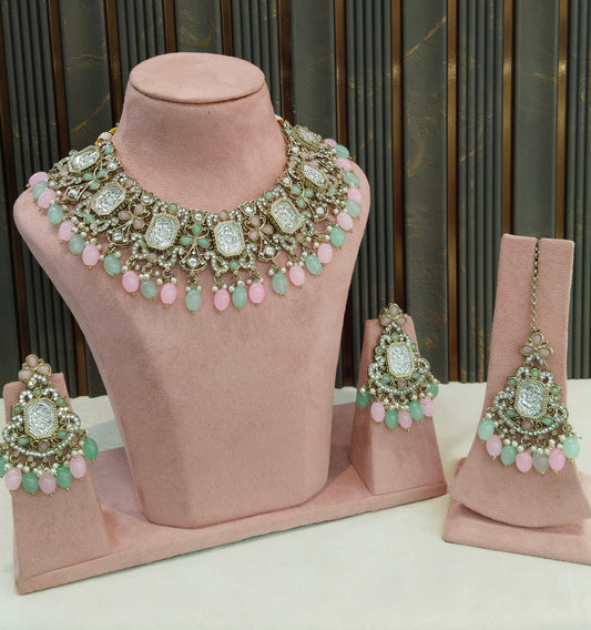 Antique Gold Mint Pink Kundan Necklace Rony sets