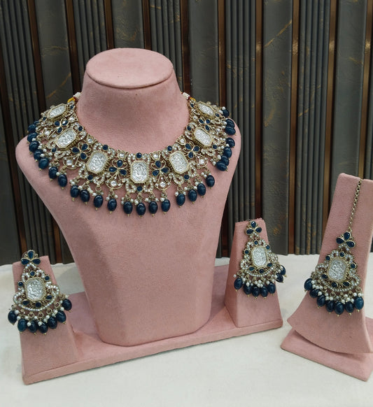 Antique Gold Blue Kundan Necklace Rony sets