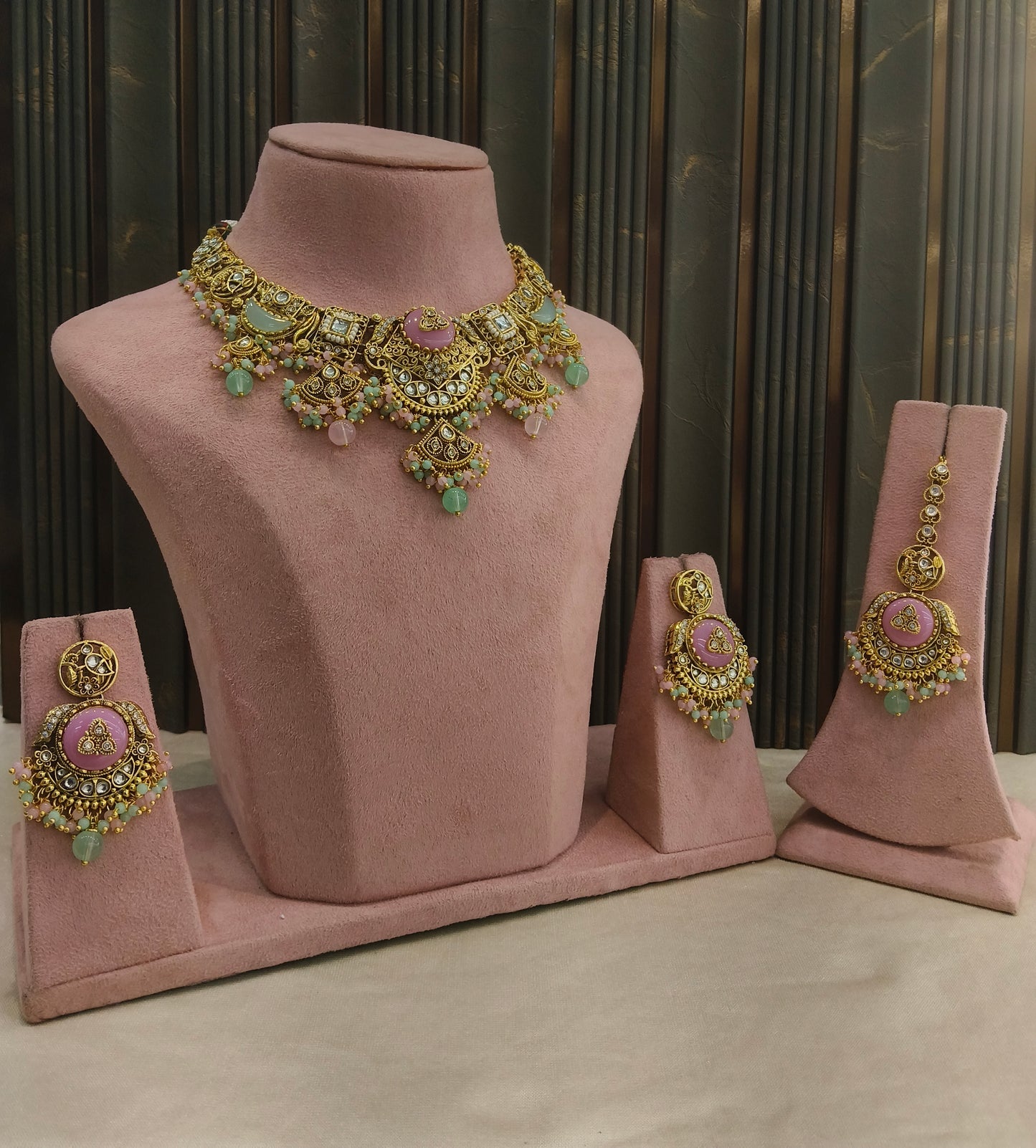 Gold Mint Pink Kundan Necklace Sugam sets