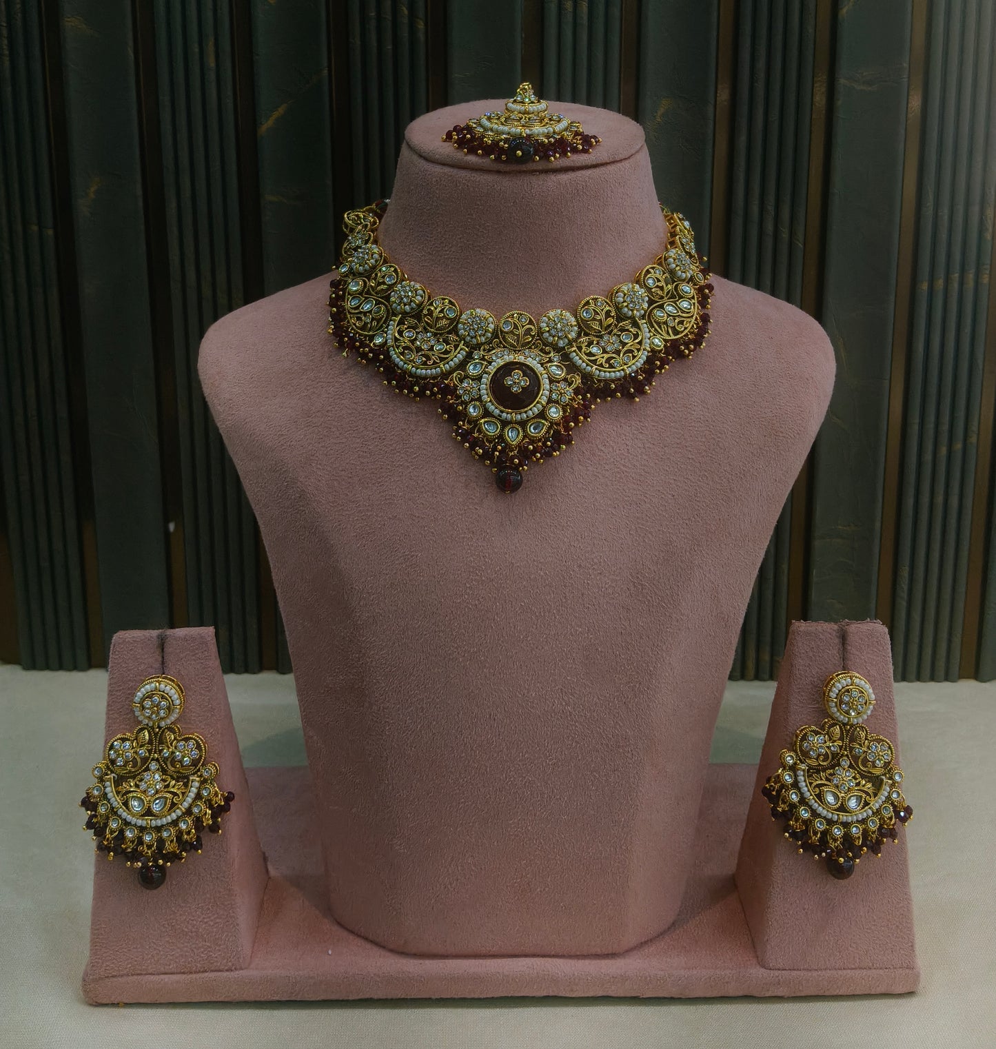 Gold Maroon Kundan Necklace Amanat sets