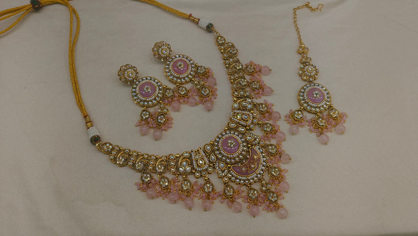 Gold Pink Kundan Necklace Ravina sets