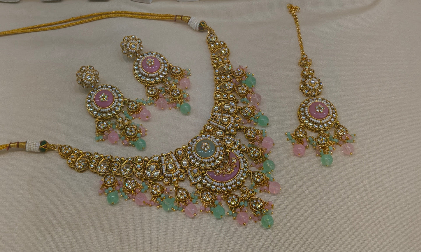 Gold Mint Pink Kundan Necklace Ravina sets