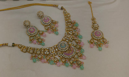 Gold Mint Pink Kundan Necklace Ravina sets