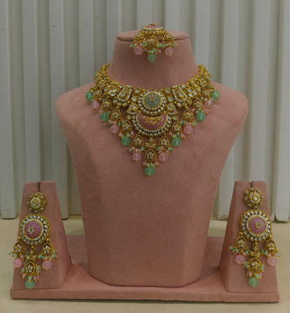 Gold Mint Pink Kundan Necklace Ravina sets
