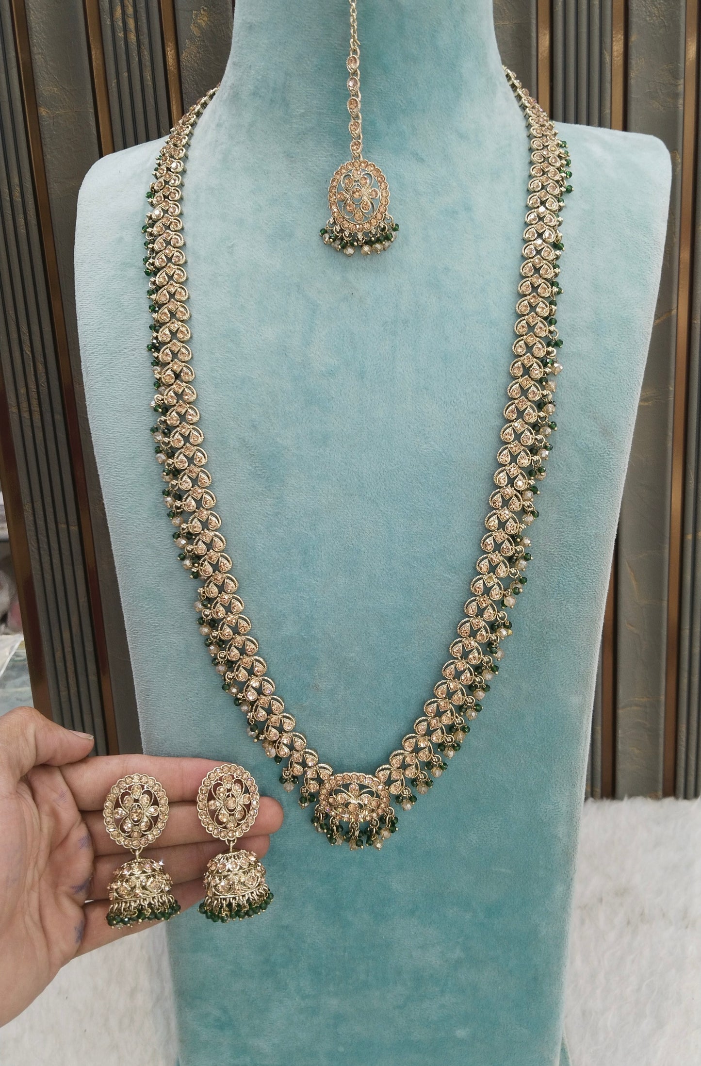 Antique Gold Green Long Rani Haar Necklace Jewellery Nita Set