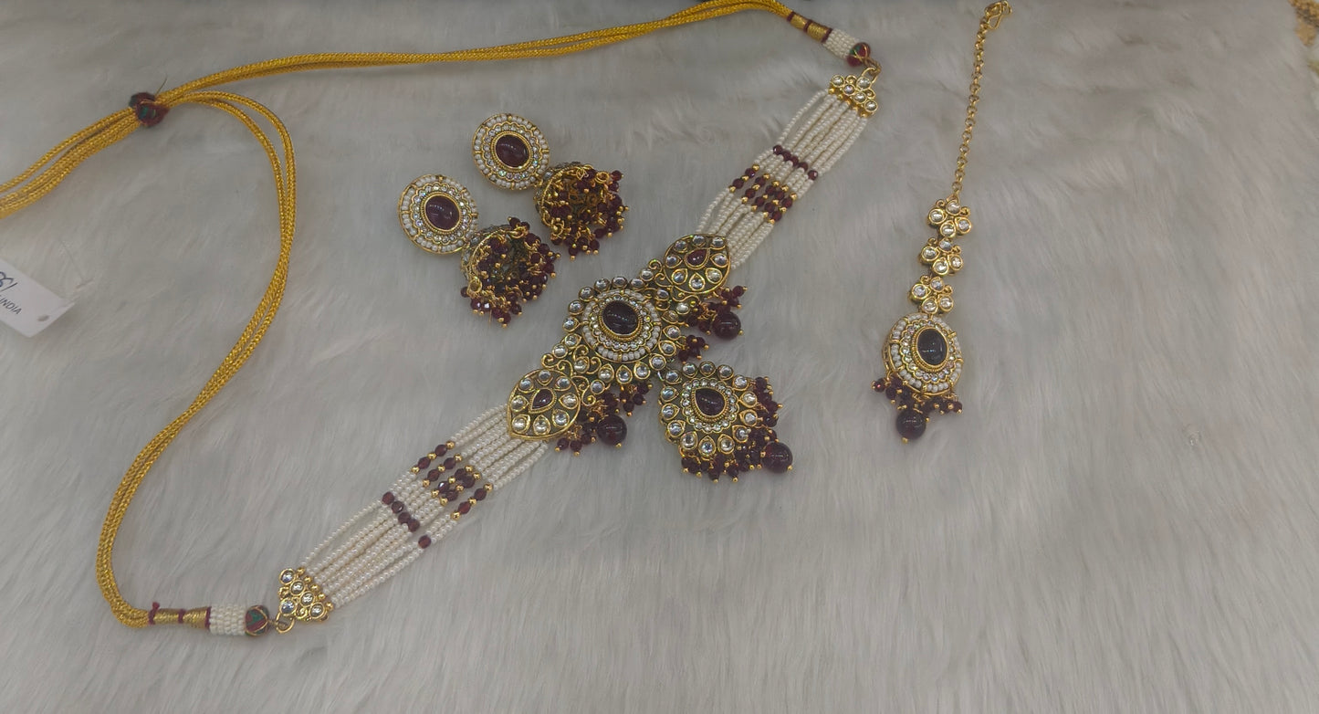Maroon Kundan Choker Jewellery Farhat Set