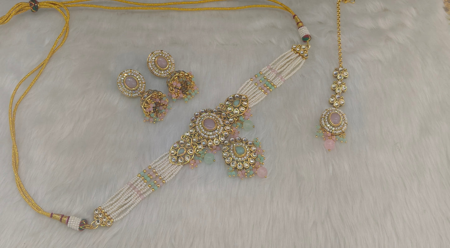 Mint Pink Kundan Choker Jewellery Farhat Set