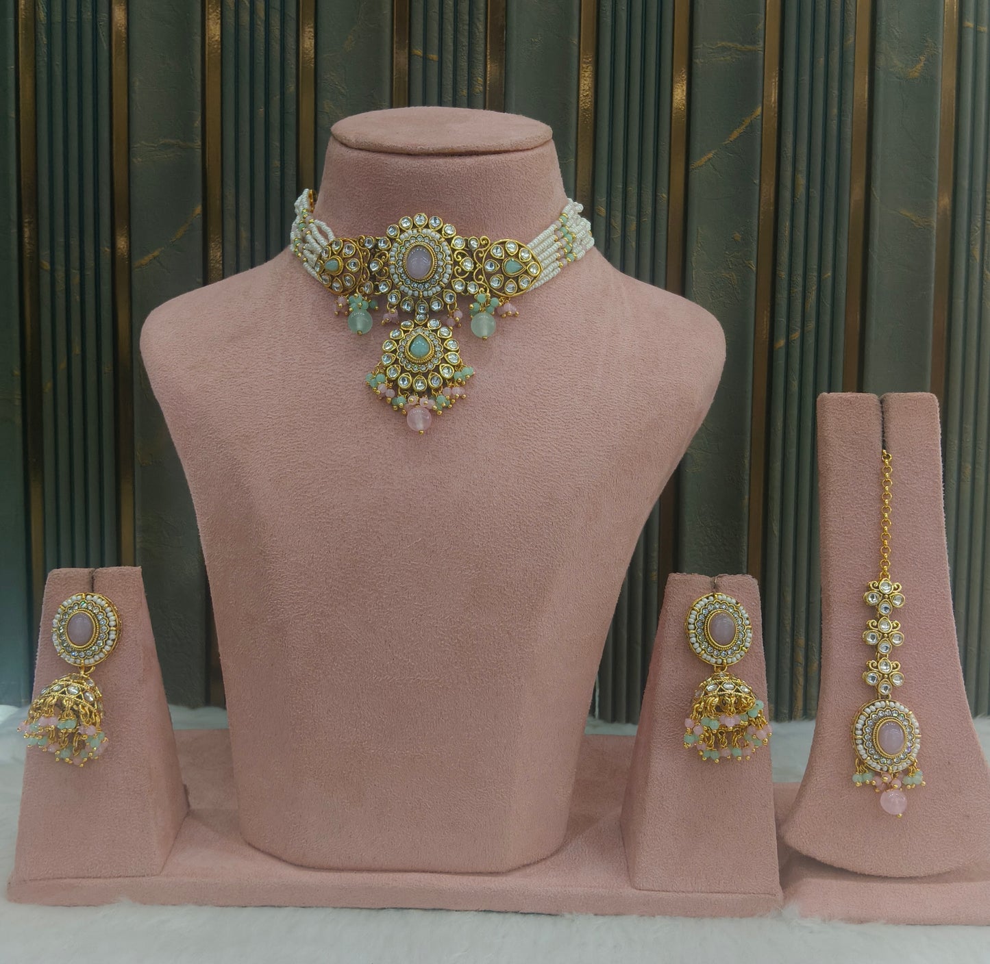 Mint Pink Kundan Choker Jewellery Farhat Set