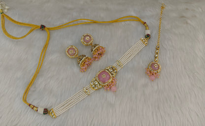 Gold Pink Kundan Choker Jewellery Asma Sets