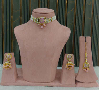 Gold Pink Kundan Choker Jewellery Asma Sets