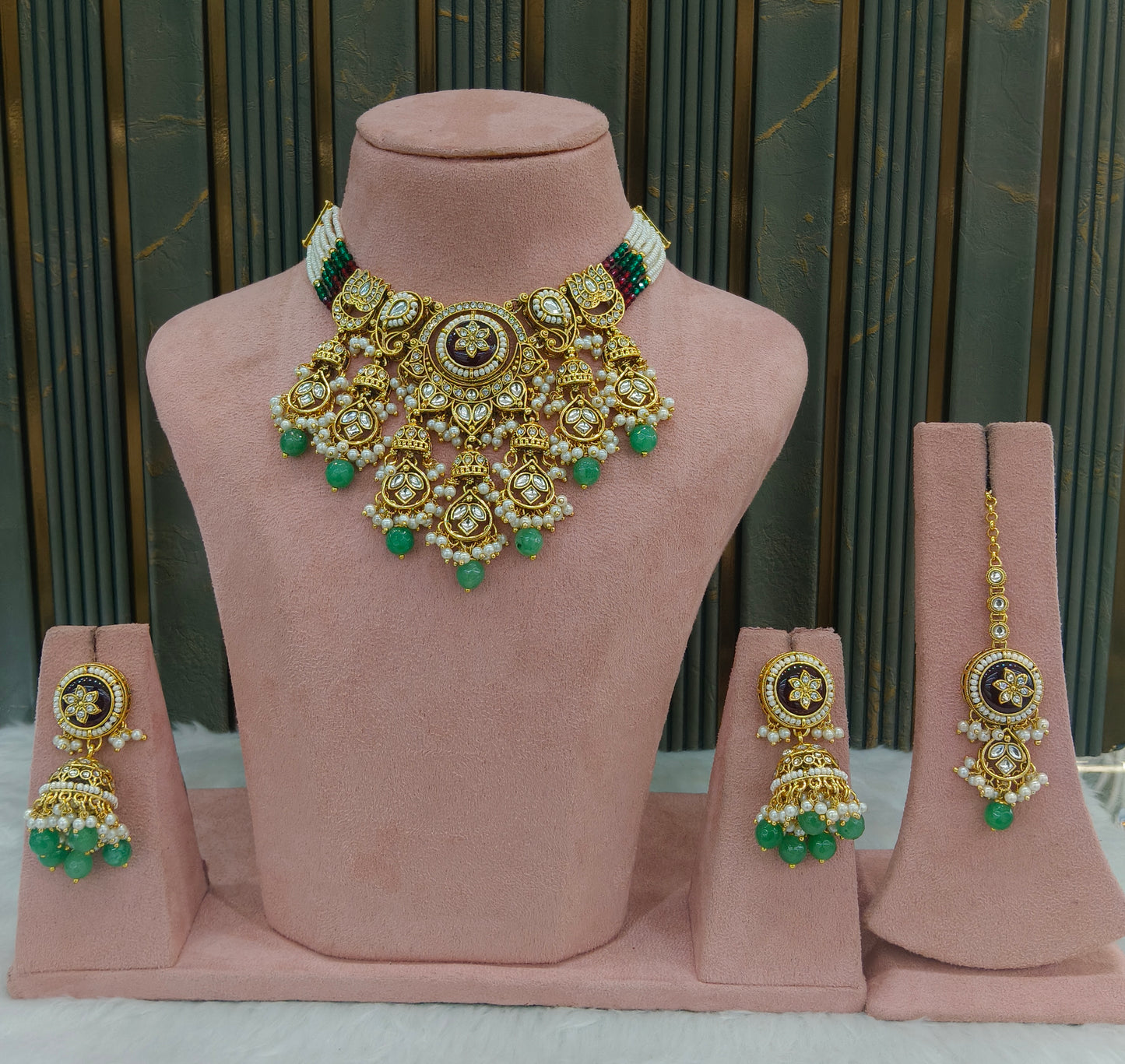 Gold Sage Green Kundan necklace Set/ kundan Indian Ravia jewellery sets