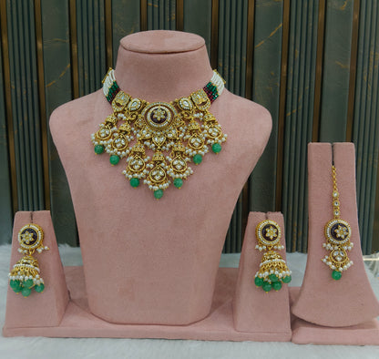 Gold Sage Green Kundan necklace Set/ kundan Indian Ravia jewellery sets