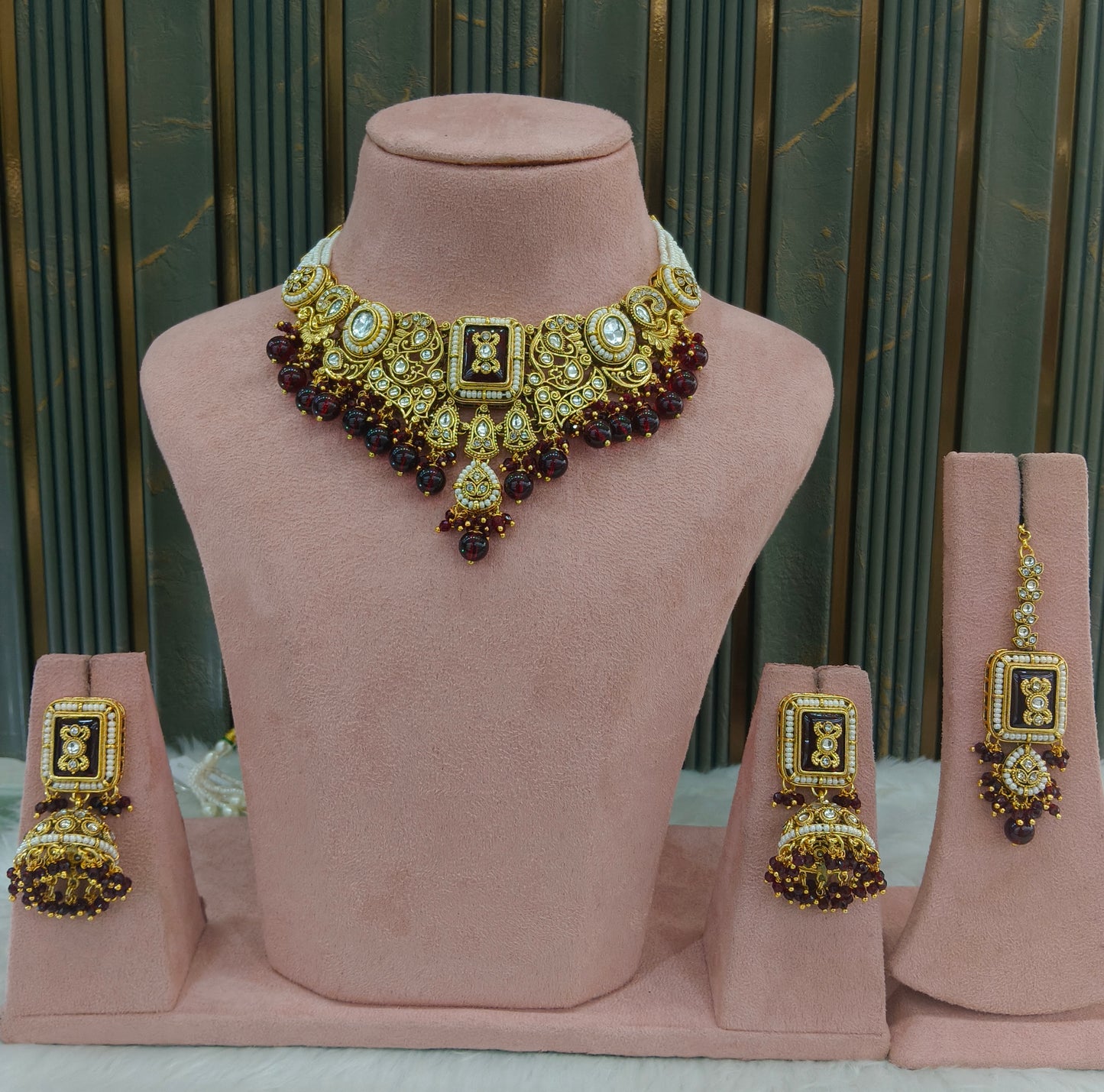 Maroon Kundan necklace Set/ kundan Indian Kity jewellery sets