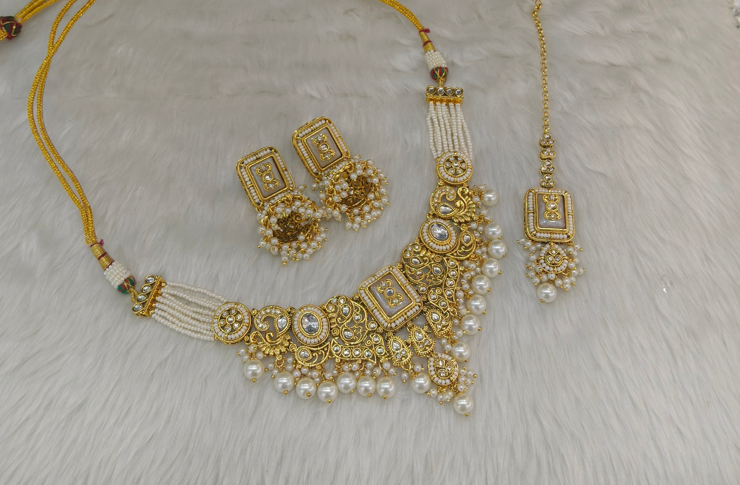 Gold White Kundan necklace Set/ kundan Indian Kity jewellery sets