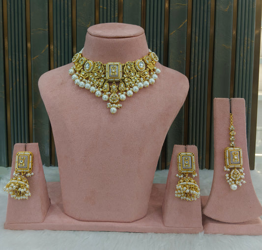 Gold White Kundan necklace Set/ kundan Indian Kity jewellery sets
