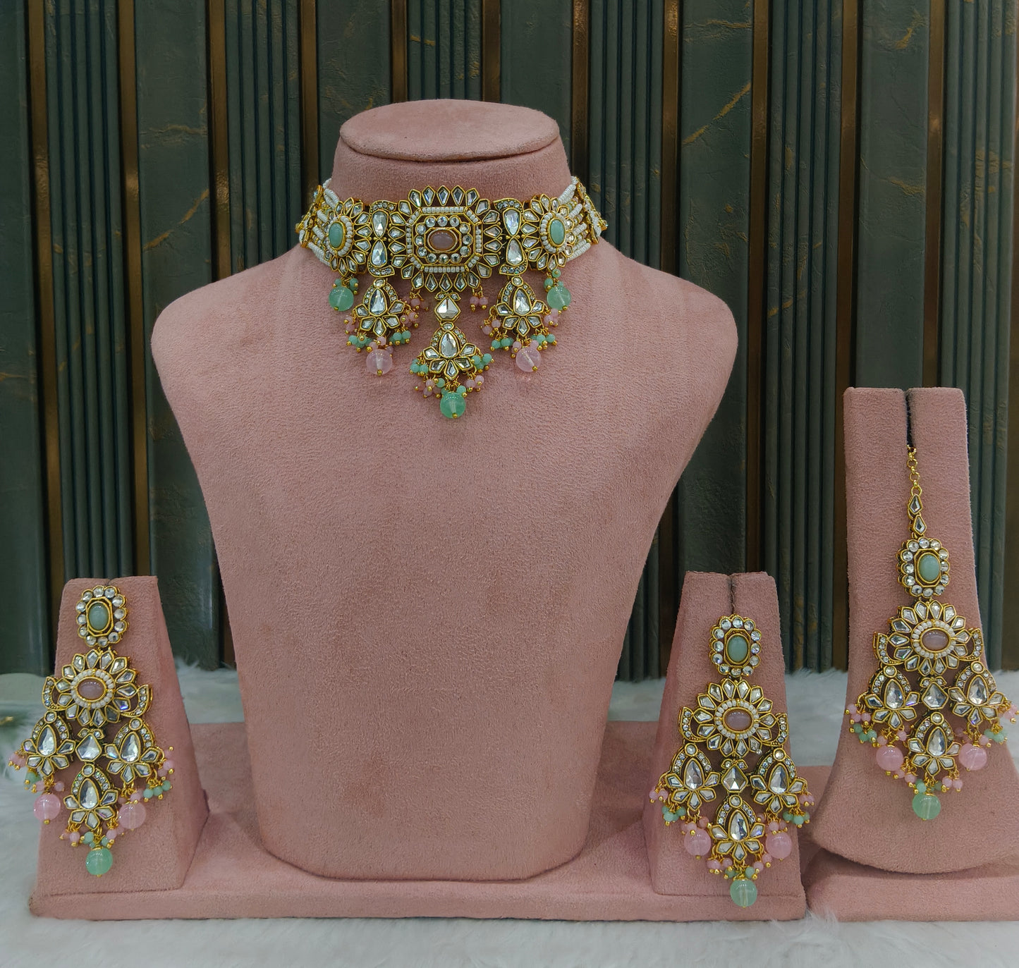 Mint Pink Kundan Choker Jewellery Kismat Set
