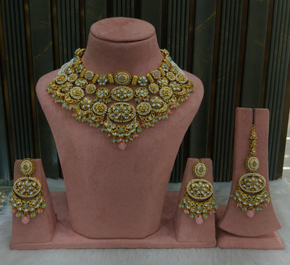 Gold Mint Pink Kundan necklace Set/ kundan Indian Naomi jewellery  sets