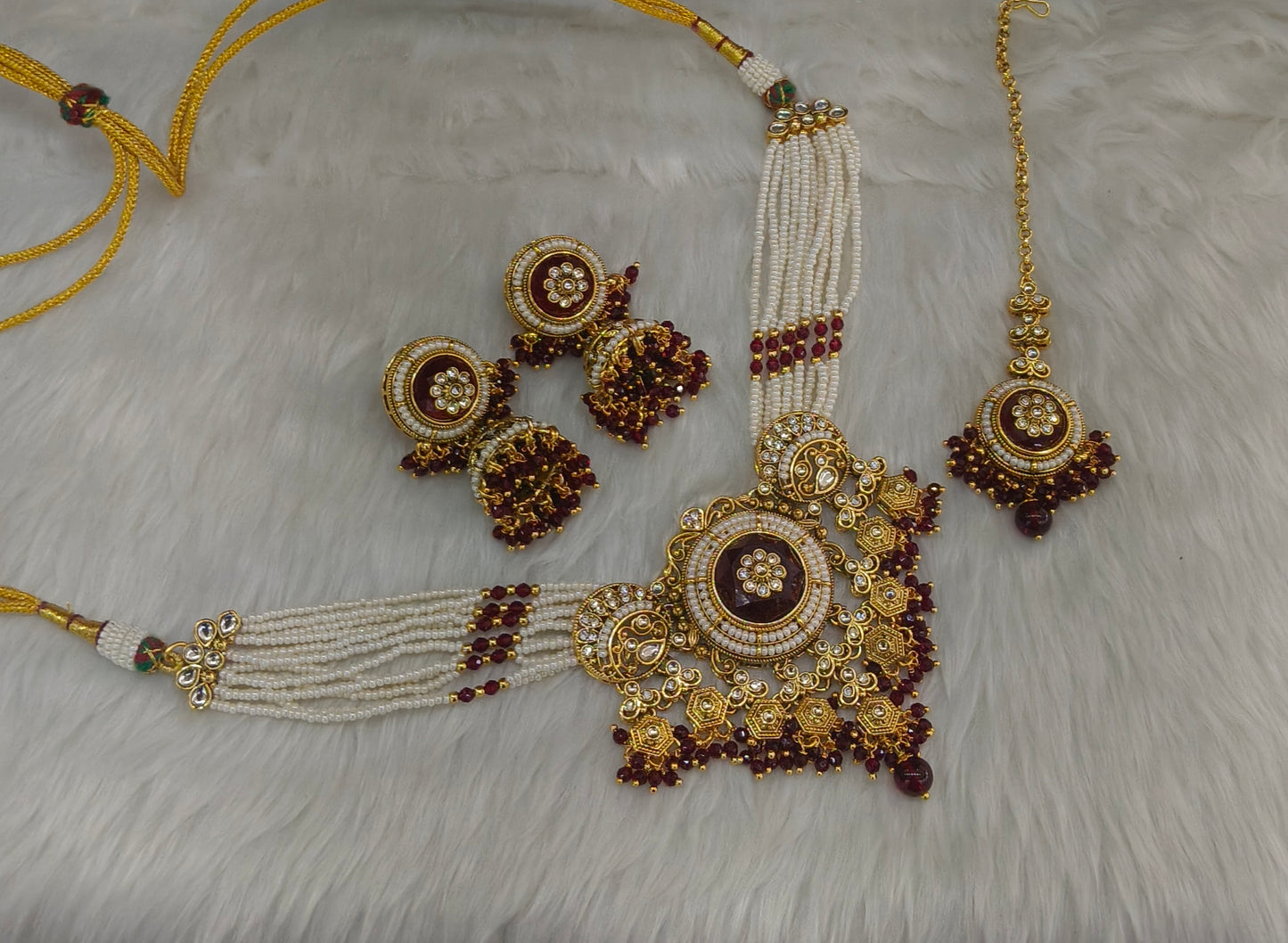 Gold Maroon Kundan necklace Set/ kundan Indian Japji jewellery sets