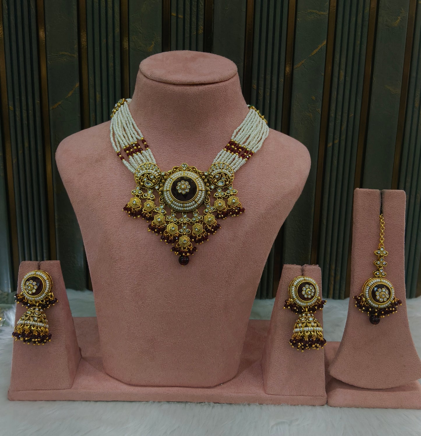 Gold Maroon Kundan necklace Set/ kundan Indian Japji jewellery sets