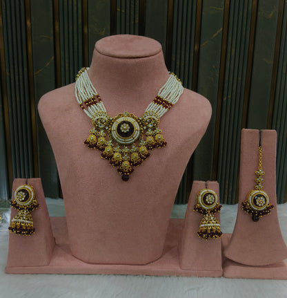 Gold Maroon Kundan necklace Set/ kundan Indian Japji jewellery sets