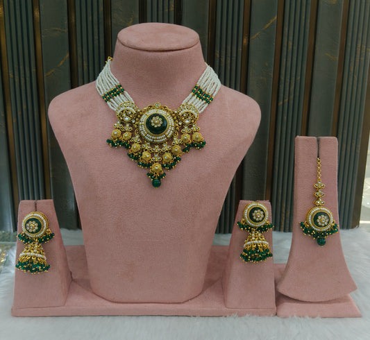 Gold Green Kundan necklace Set/ kundan Indian Japji jewellery sets