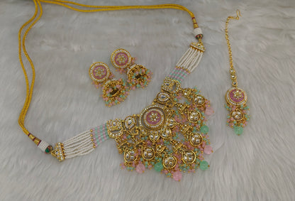 Gold Mint Pink Kundan necklace Set/ kundan Indian Ravia jewellery sets
