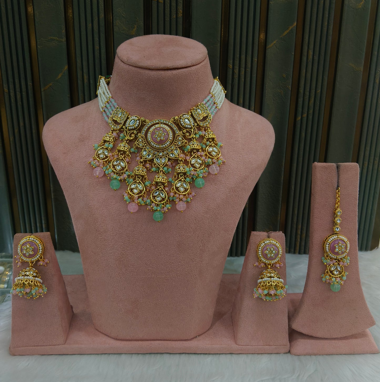 Gold Mint Pink Kundan necklace Set/ kundan Indian Ravia jewellery sets