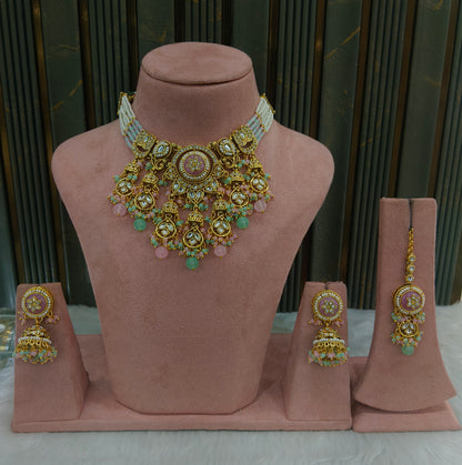 Gold Mint Pink Kundan necklace Set/ kundan Indian Ravia jewellery sets