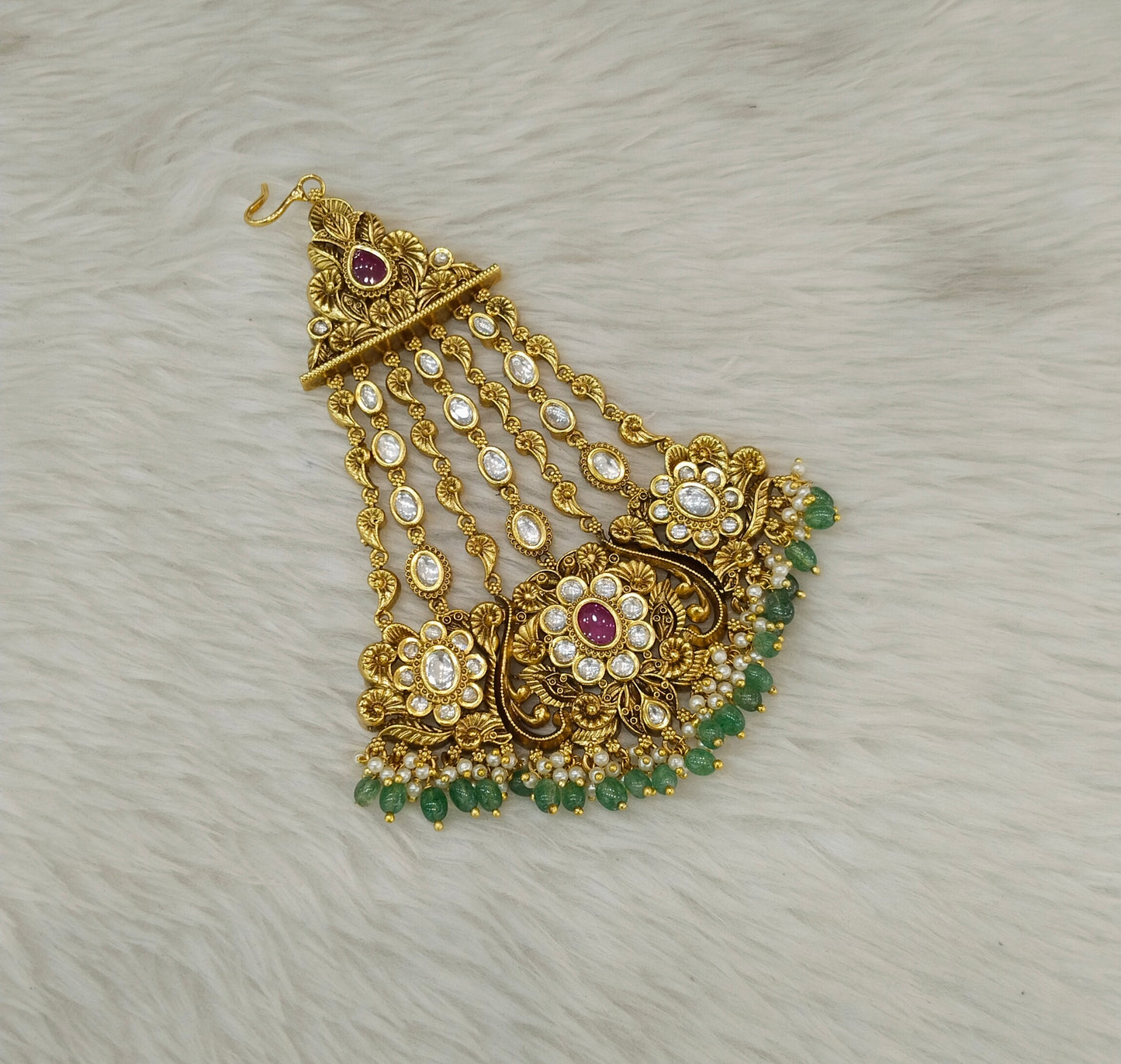 Gold Polki Ruby Sage Green Kundan Jhumar Passa Headpiece Pipas Jewelers