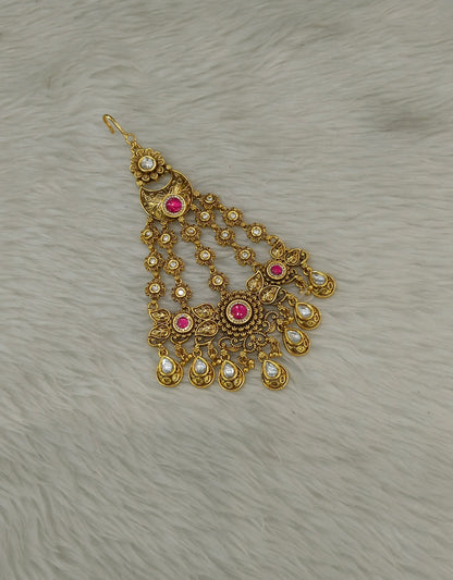 Gold Polki Ruby Kundan Jhumar Passa Headpiece Pipas Jewelers