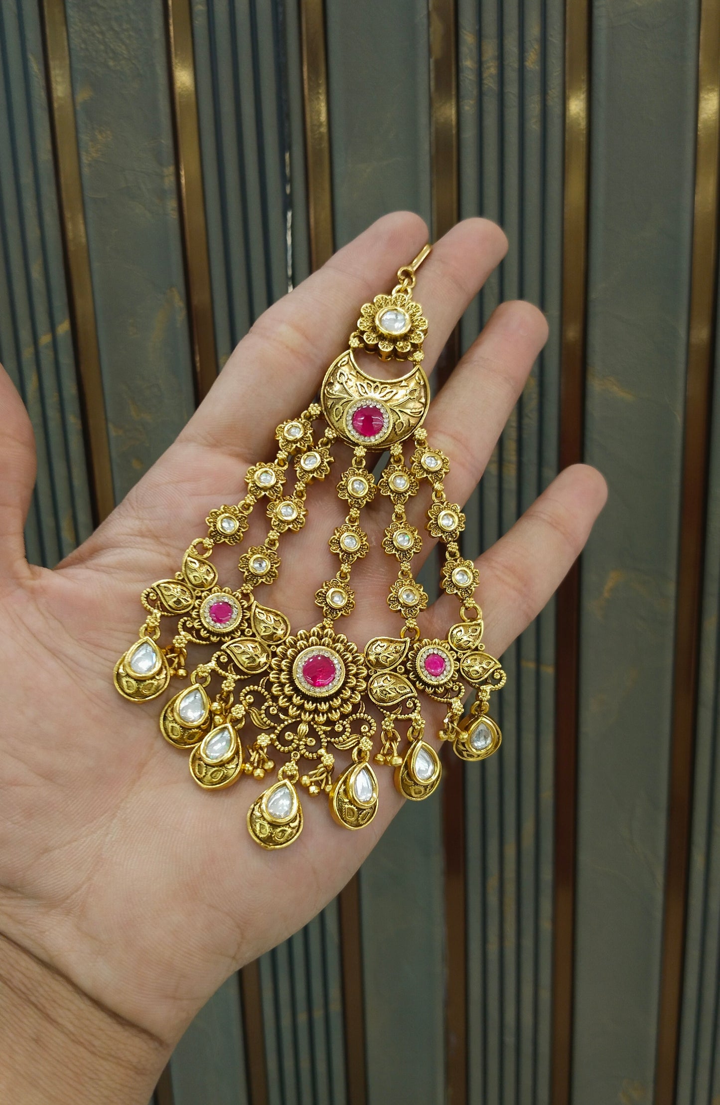 Gold Polki Ruby Kundan Jhumar Passa Headpiece Pipas Jewelers