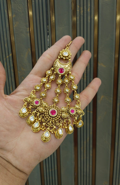 Gold Polki Ruby Kundan Jhumar Passa Headpiece Pipas Jewelers