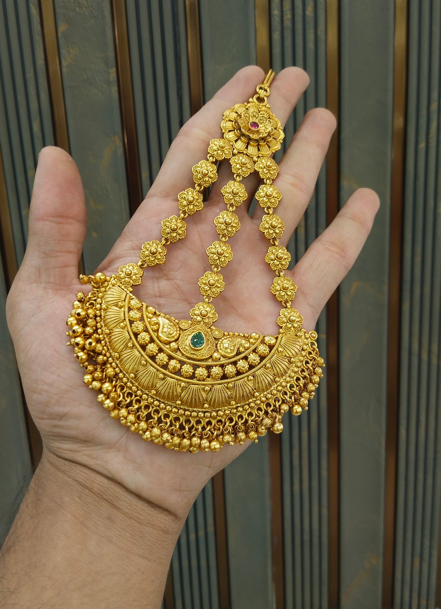 Gold Polki Ruby Green Jhumar Passa Headpiece Pipas Jewelers