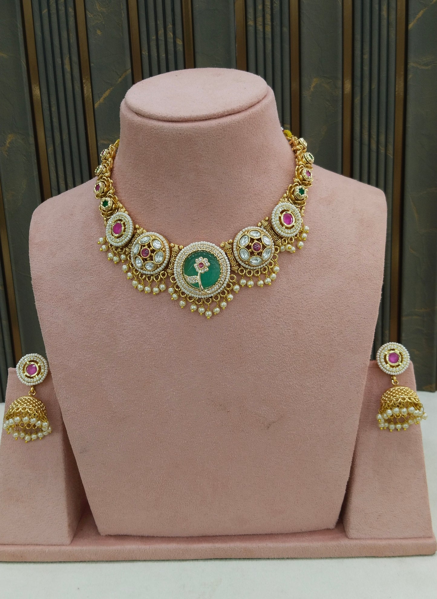 Gold Ruby Sage Green Polki Kundan Necklace Jewellery Reeta Set